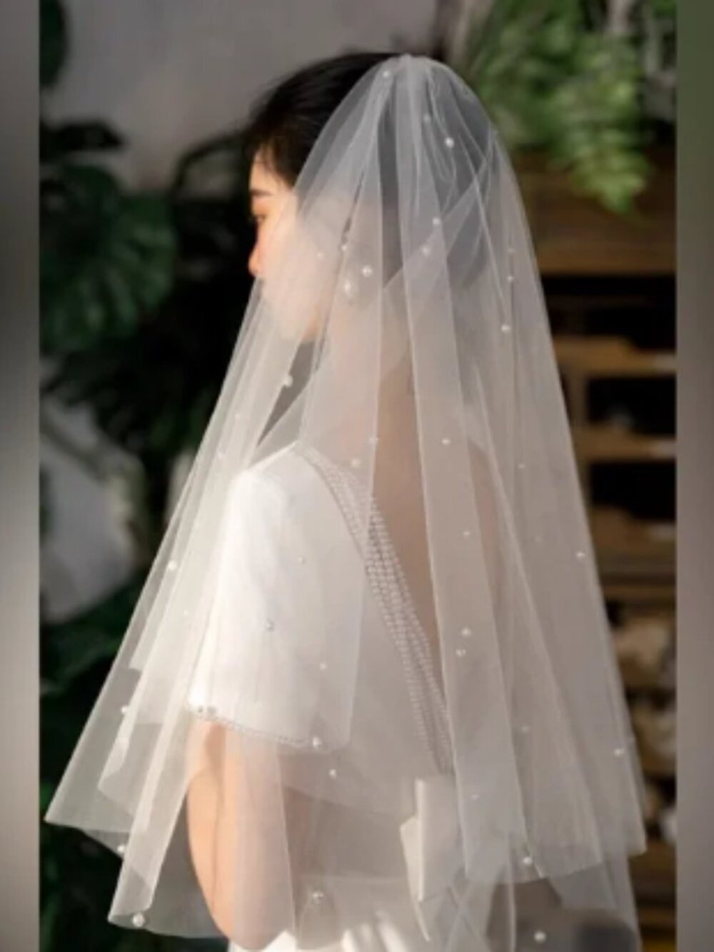 Short Pearl Beaded Short Wedding Veil